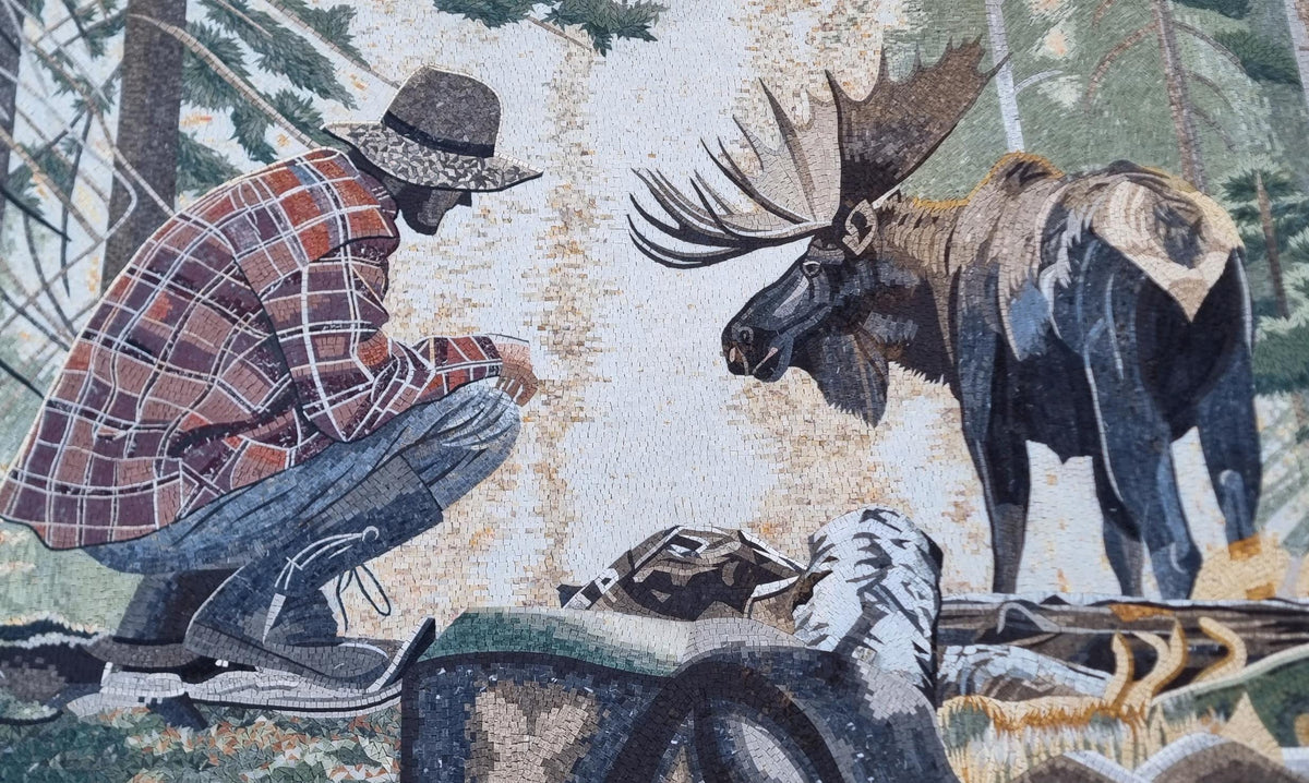 120"x50" Man with Deer Mosaic Wall Art – Wildlife Scene, Nature-Inspired Home Decor, customization available