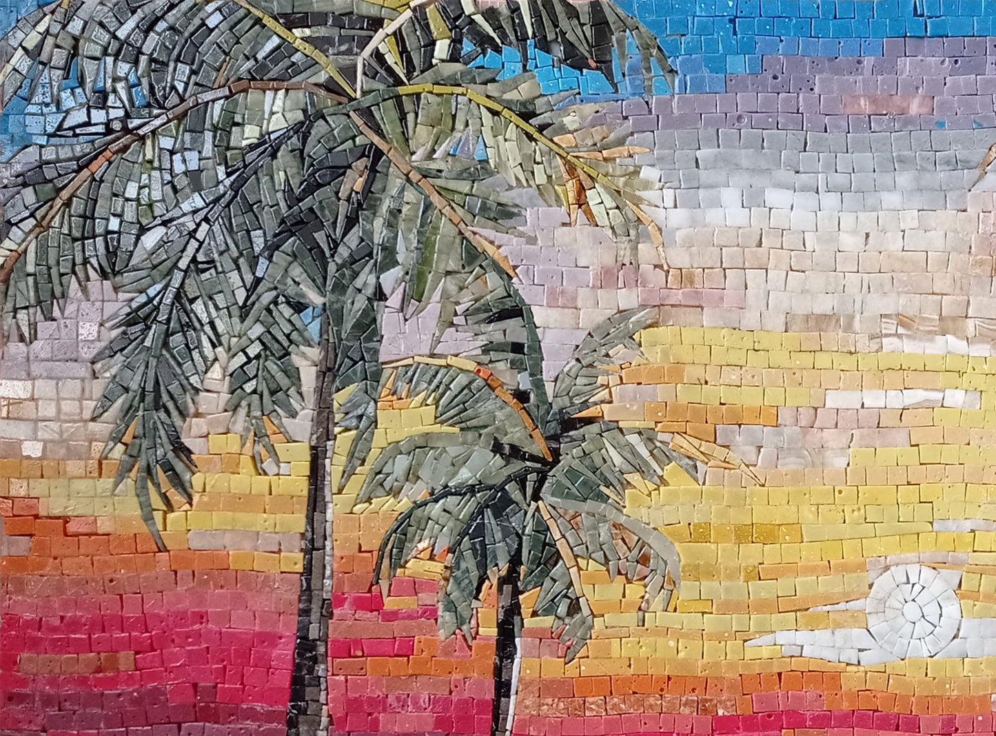Handmade Sunset Mosaic Tile: Palm Trees & Boat Beach Scene