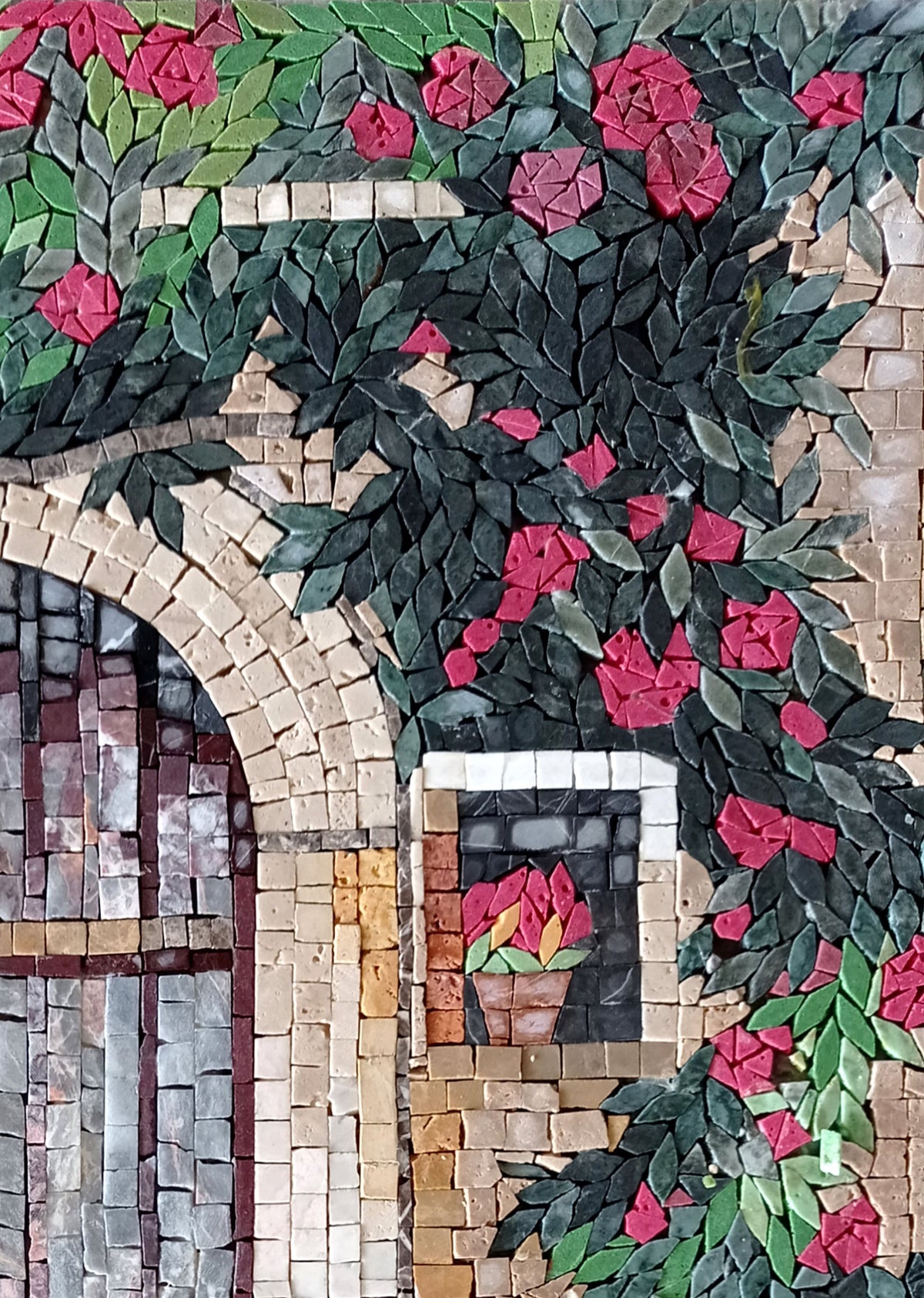 Handmade Floral Mosaic Mural: Stone Art for Garden Decor (40” x 30”)