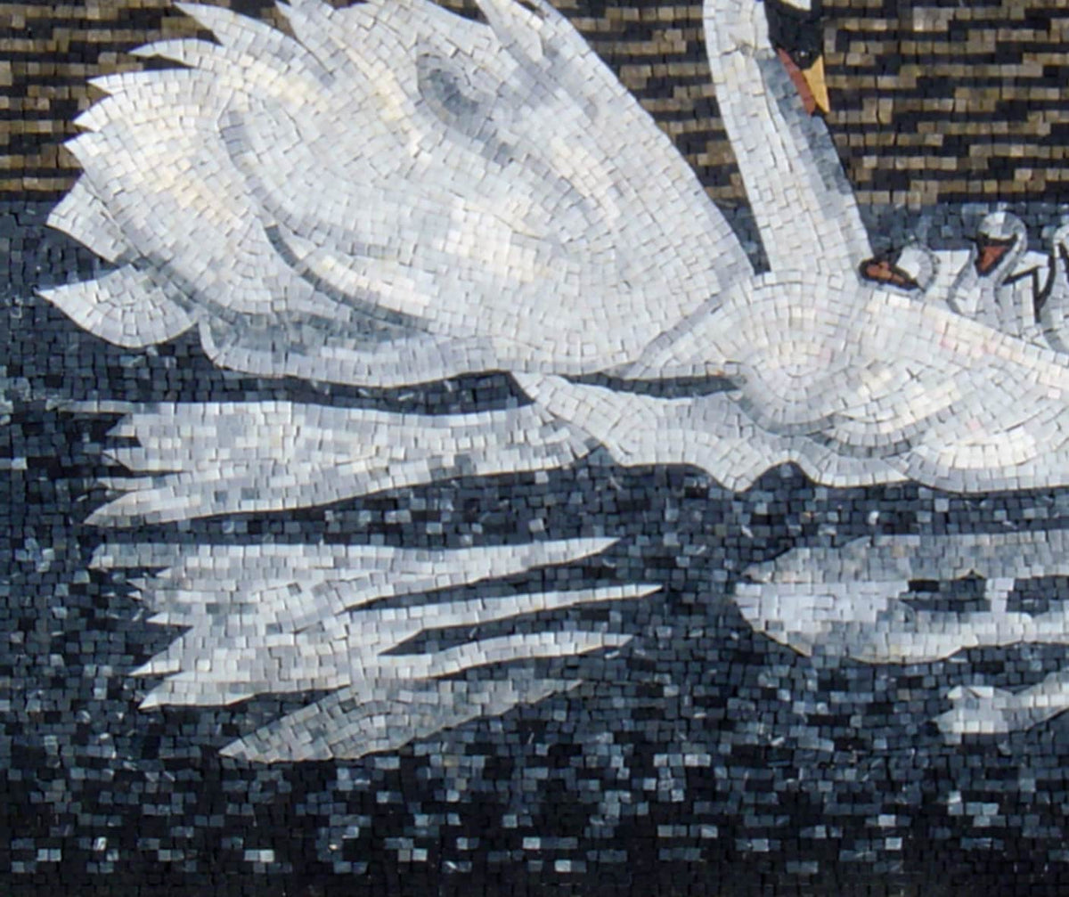 Handmade Swans Mosaic Tile Art: Family Swimming on Pond