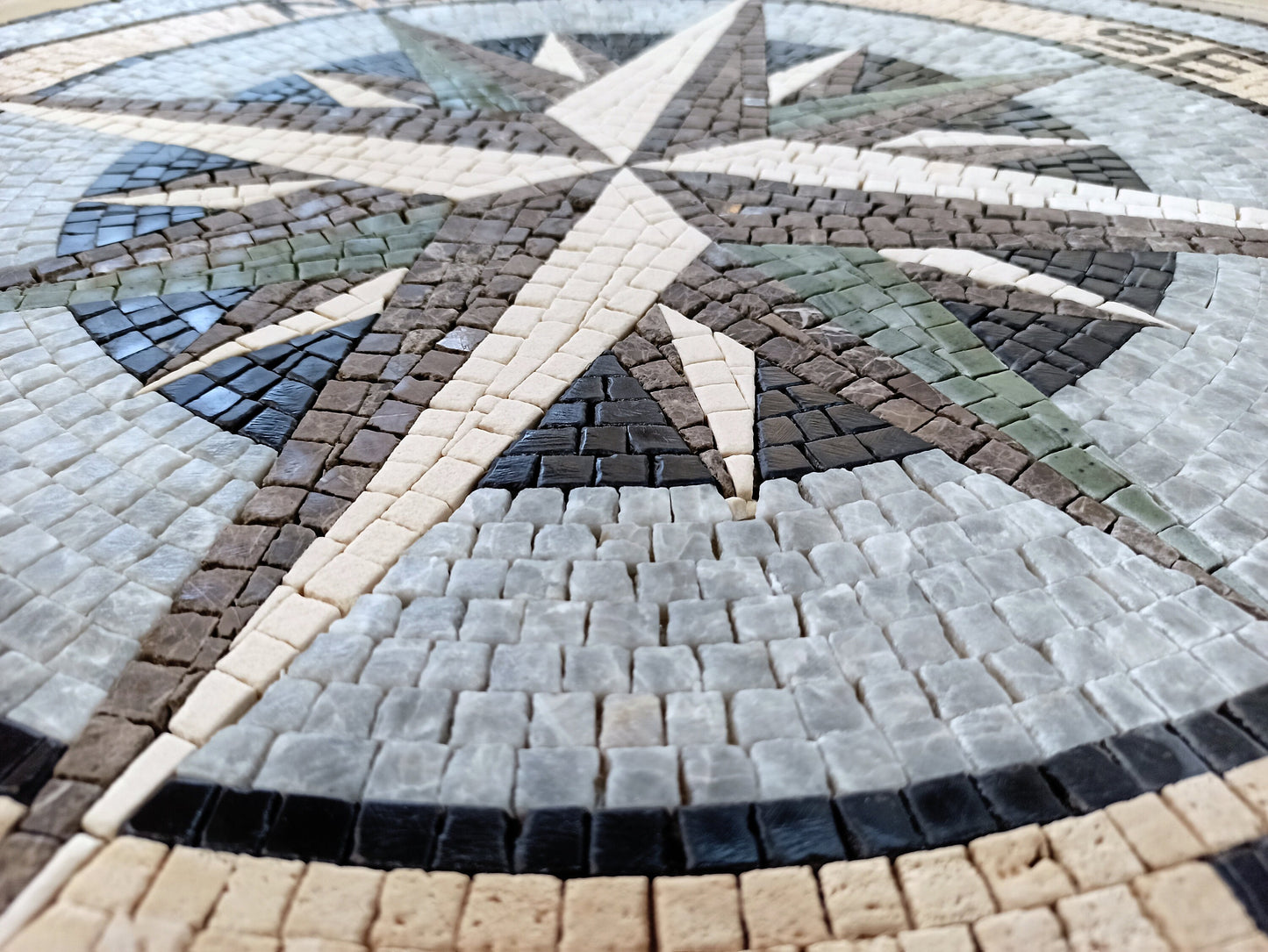 Handmade Marble Mosaic Medallion: 40" Compass Rose Art Tile