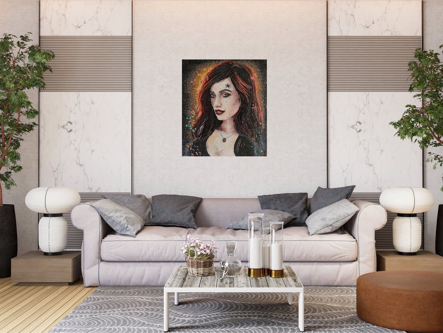 Sagittarius Mosaic Tile Art: Fly On Girl Portrait, Handmade Stone Decor