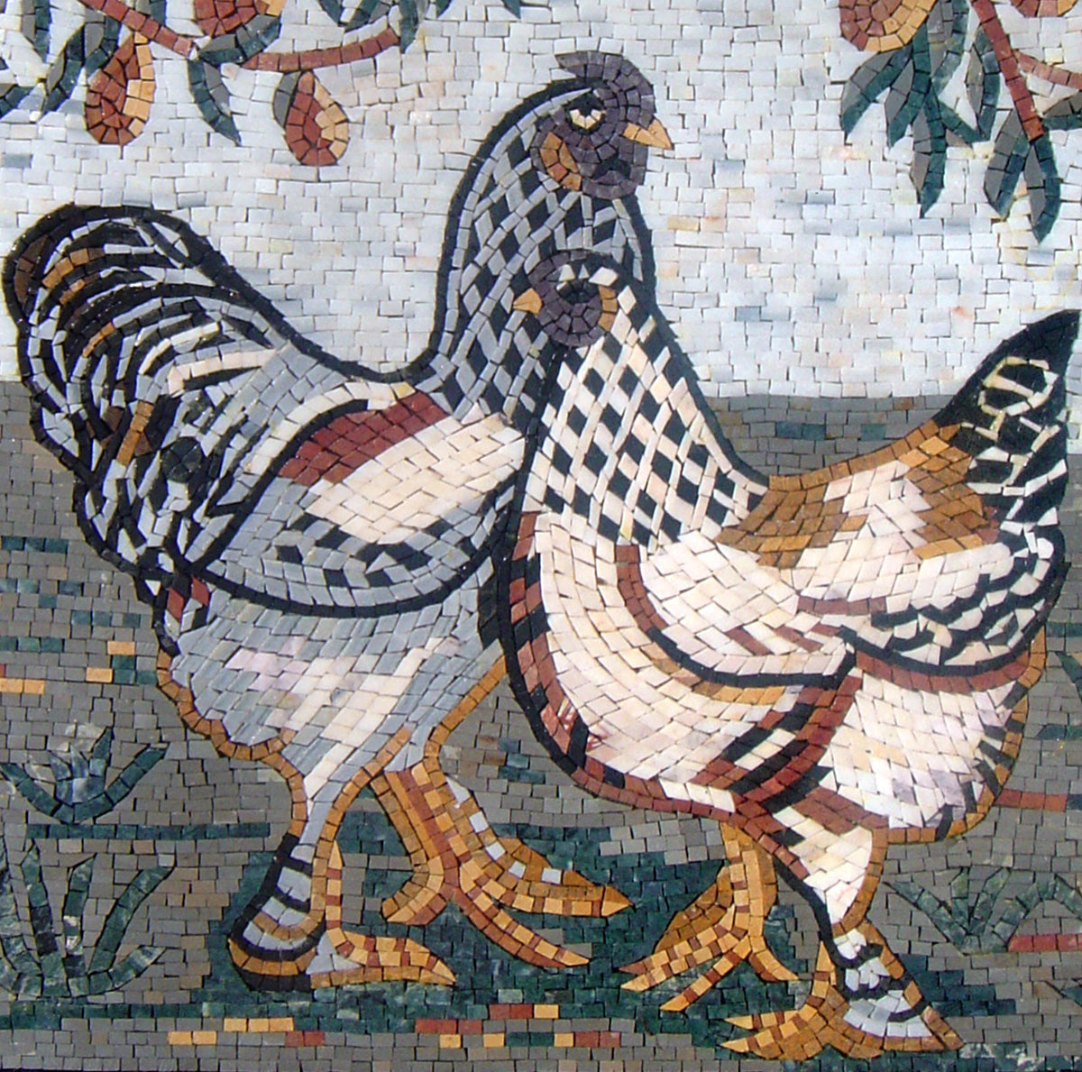 Handmade Rooster and Hen Mosaic Tile Art: Farmhouse Kitchen Decor (28x28)