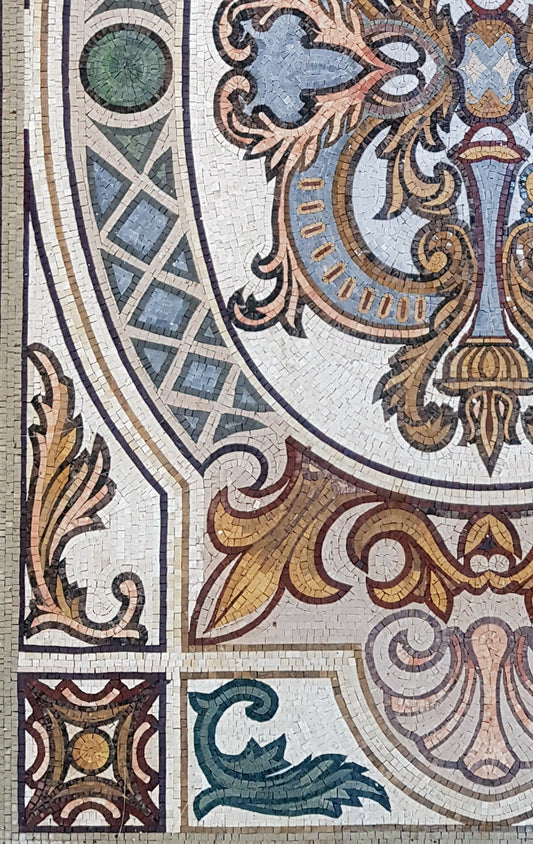 Floral Marble Mosaic Tile Rug: Handmade Art Nouveau Decor (72” x 48”)