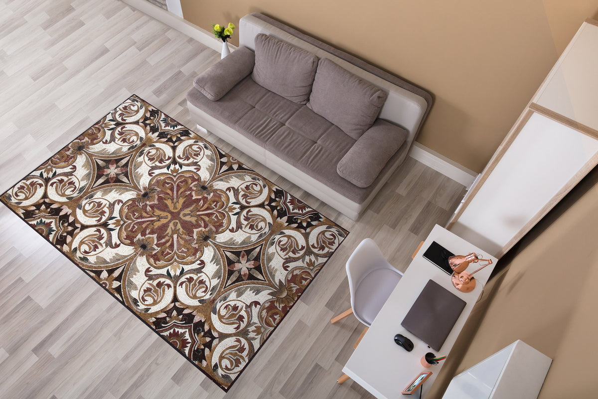 Handmade Natural Stone Mosaic Rug: Floral Tile Art (100” x 60")