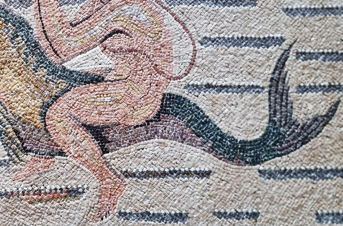 48x32 Man Riding Dolphin Mosaic Wall Art – Mythological Ocean Scene, Nautical Home Decor, Customization available