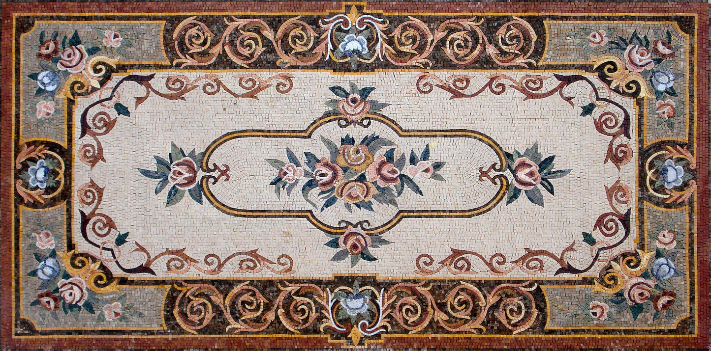 Handmade Marble Mosaic Rug: Floral Stone Inlay (112” x 60")