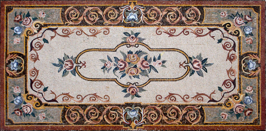 Handmade Marble Mosaic Rug: Floral Stone Inlay (112” x 60")