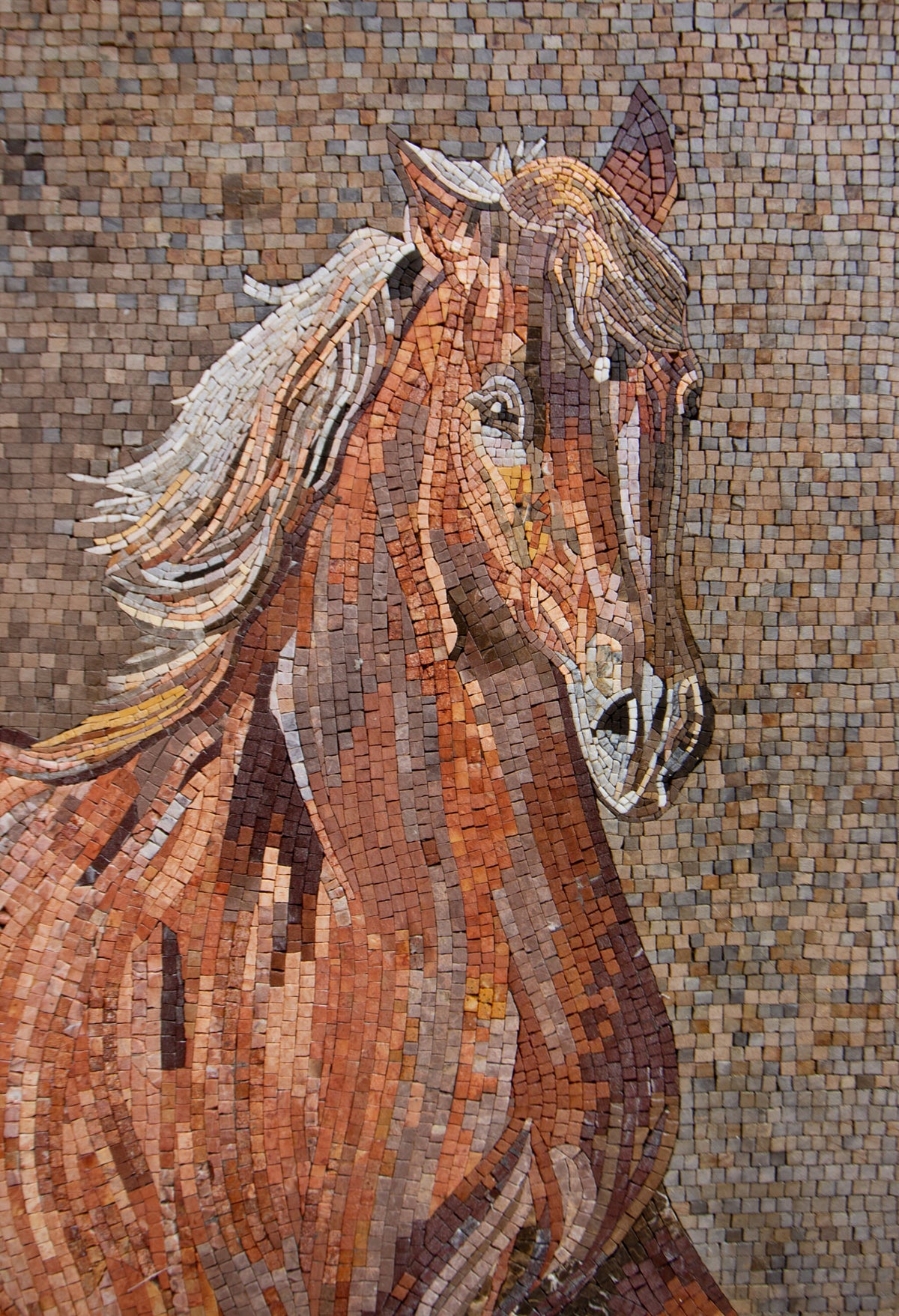 Handmade Marble Horse Mosaic Mural: Animal Portrait Wall Art (44” x 34”)