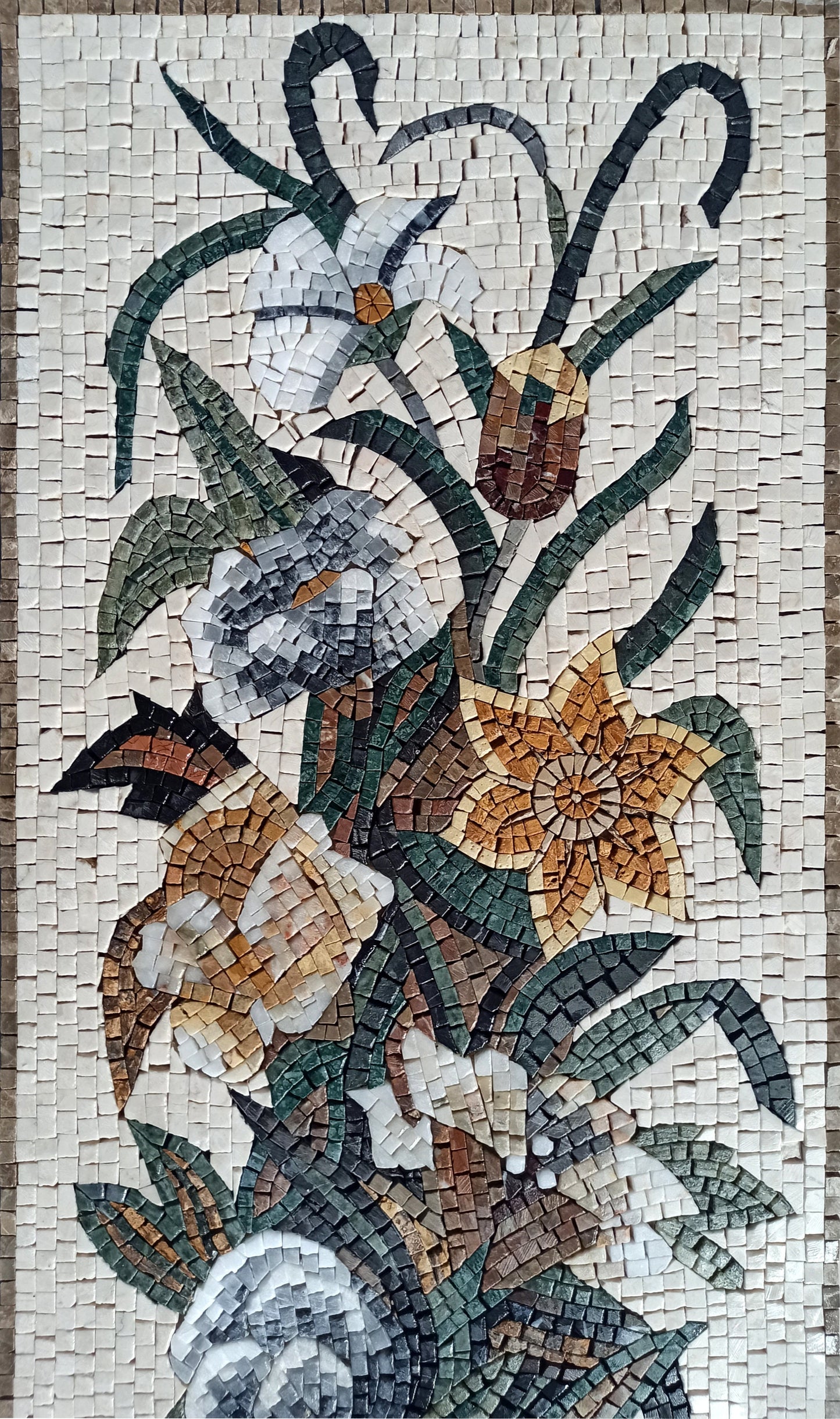 Handmade Marble Mosaic: Rose Flower Vase Wall Art