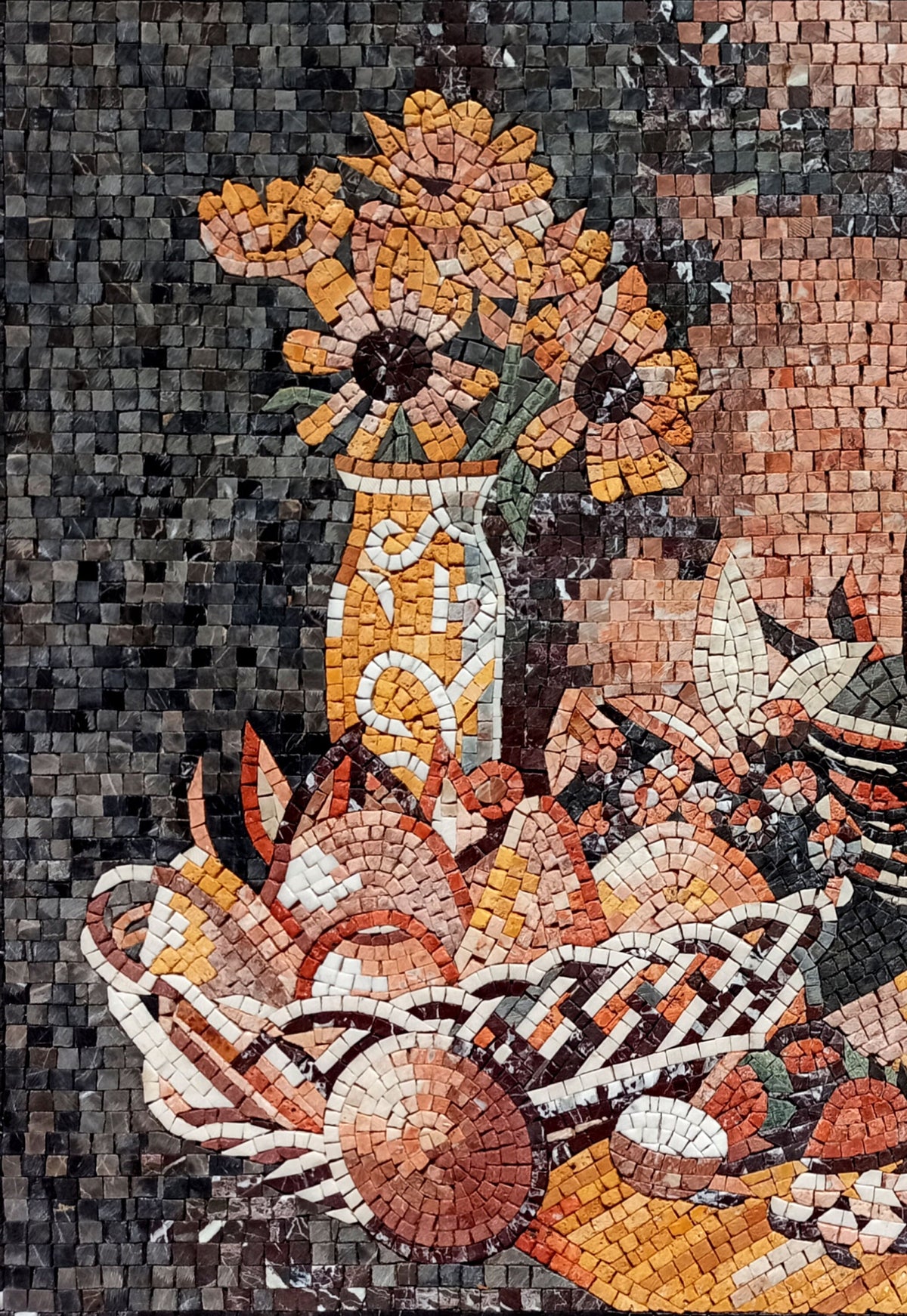 Handmade Still Life Mosaic: Fruit Basket, Sunflower, Candlelit Backsplash