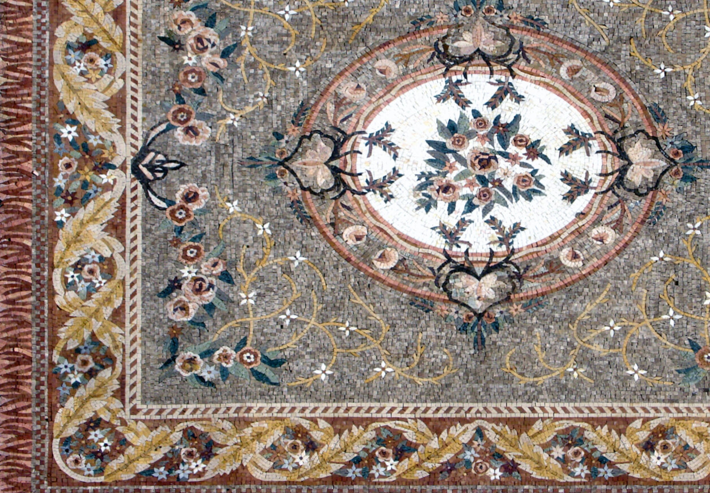 Handmade Marble Mosaic Rug: Floral Stone Medallion (80” x 56")