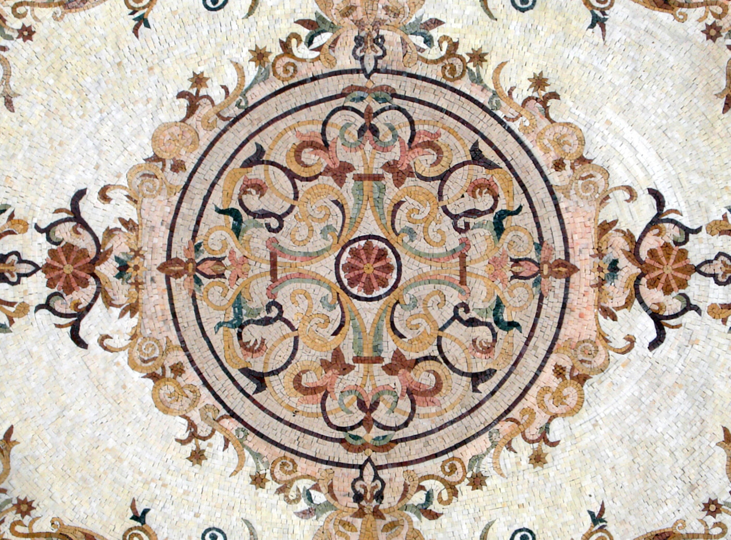 Handmade Marble Mosaic Rug: Floral Medallion, Stone Tile (80” x 60")