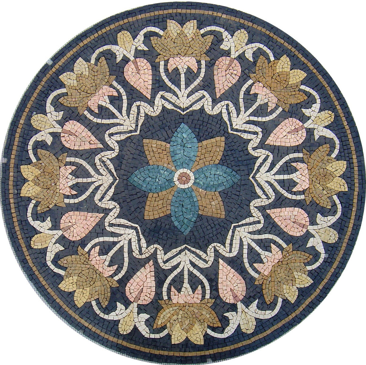 Handmade Marble Mosaic Medallion: 40-Inch Floral Art Tile