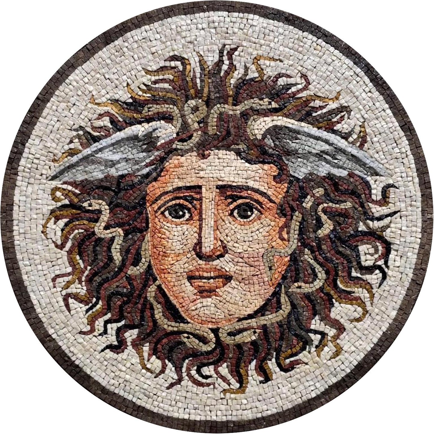 Greek Medusa Mosaic Marble Medallion – Handmade Mythology Wall Art, Round Stone Tile Décor