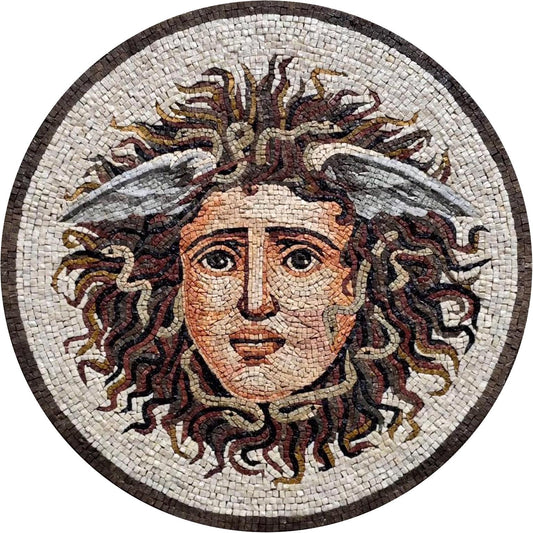 Greek Medusa Mosaic Marble Medallion – Handmade Mythology Wall Art, Round Stone Tile Décor