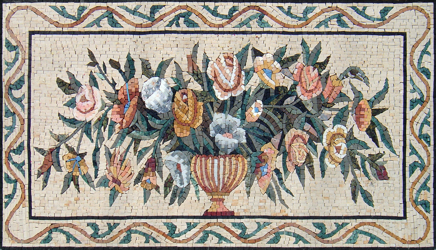 Handmade Marble Mosaic: Flower Bouquet in Vase Art (40"x24")