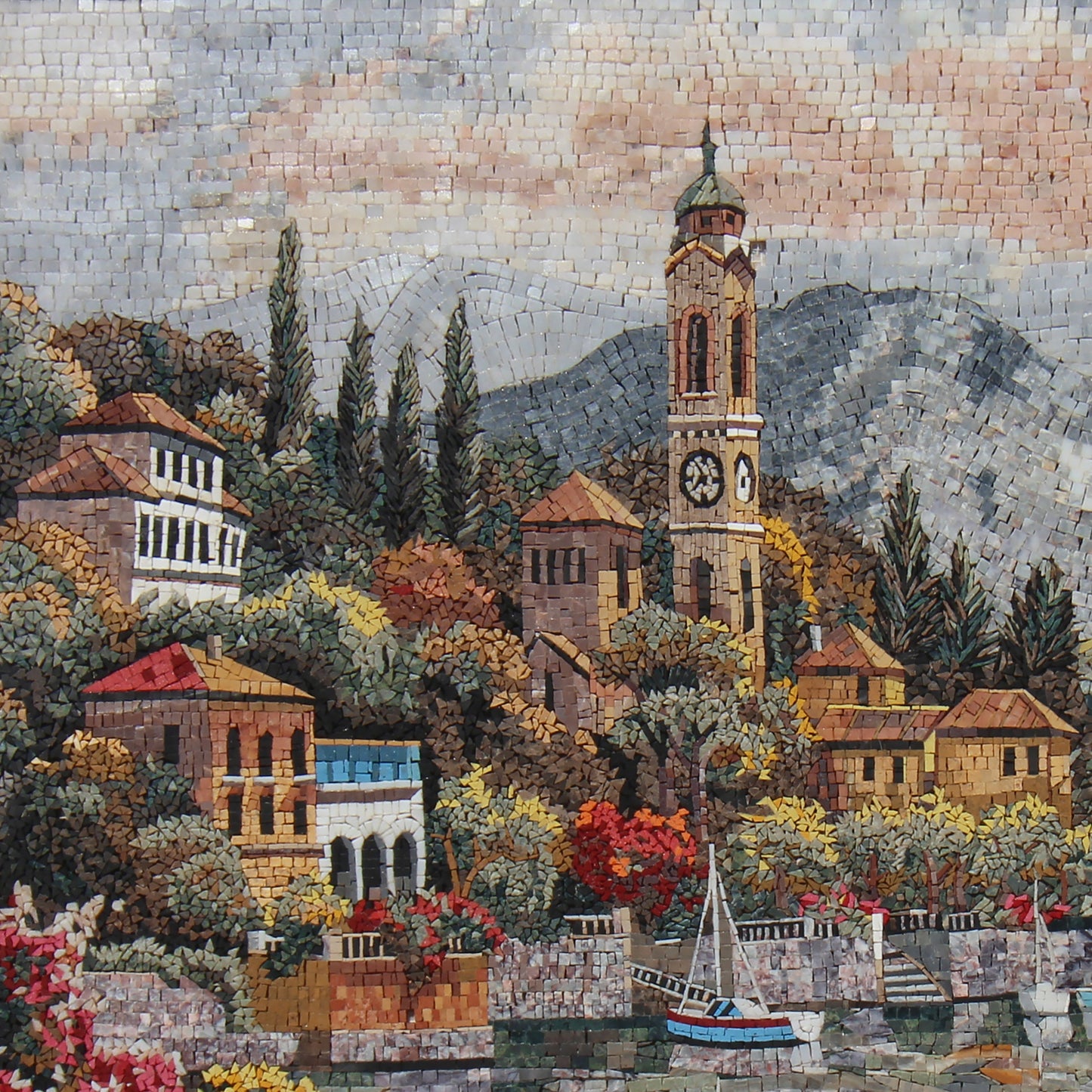 Coastal Village Mosaic Tile Backsplash: Handmade Marble Seascape Art (80” x 40")