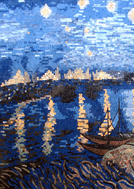 Handmade Ocean Mosaic Mural: Starry Night Harbor Boat Scene