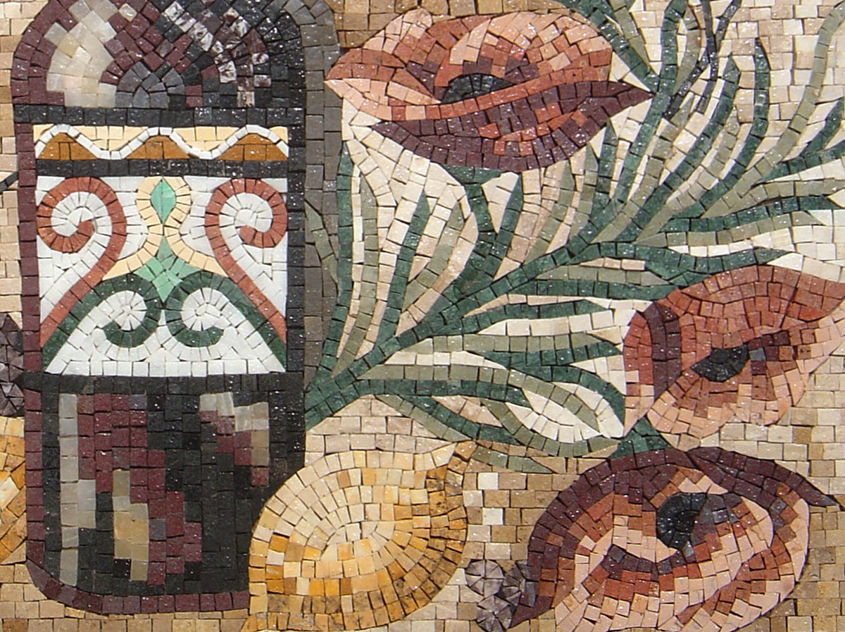 Handmade Marble Mosaic Mural: Wine & Fruit Kitchen Wall Art