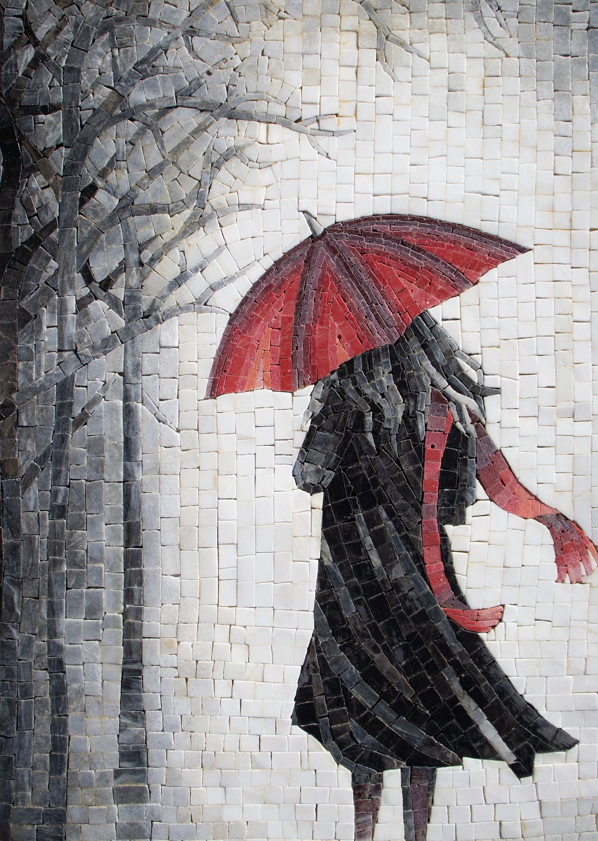 Handmade Marble Mosaic Art: Women in Rain with Red Umbrella (28” x 20”)