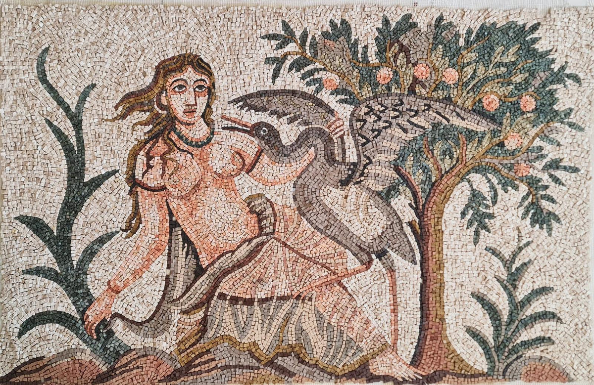 54″×35″ Lady Holding Duck in Jungle Mosaic – Handmade Marble Wildlife Portrait, Customization available