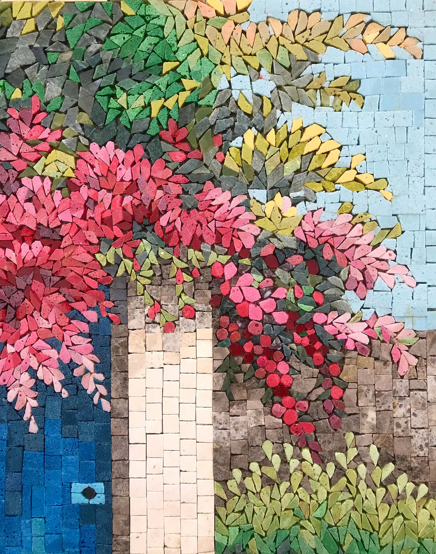 Handmade Stone Mosaic Wall Art: Blue Door, Botanical Garden