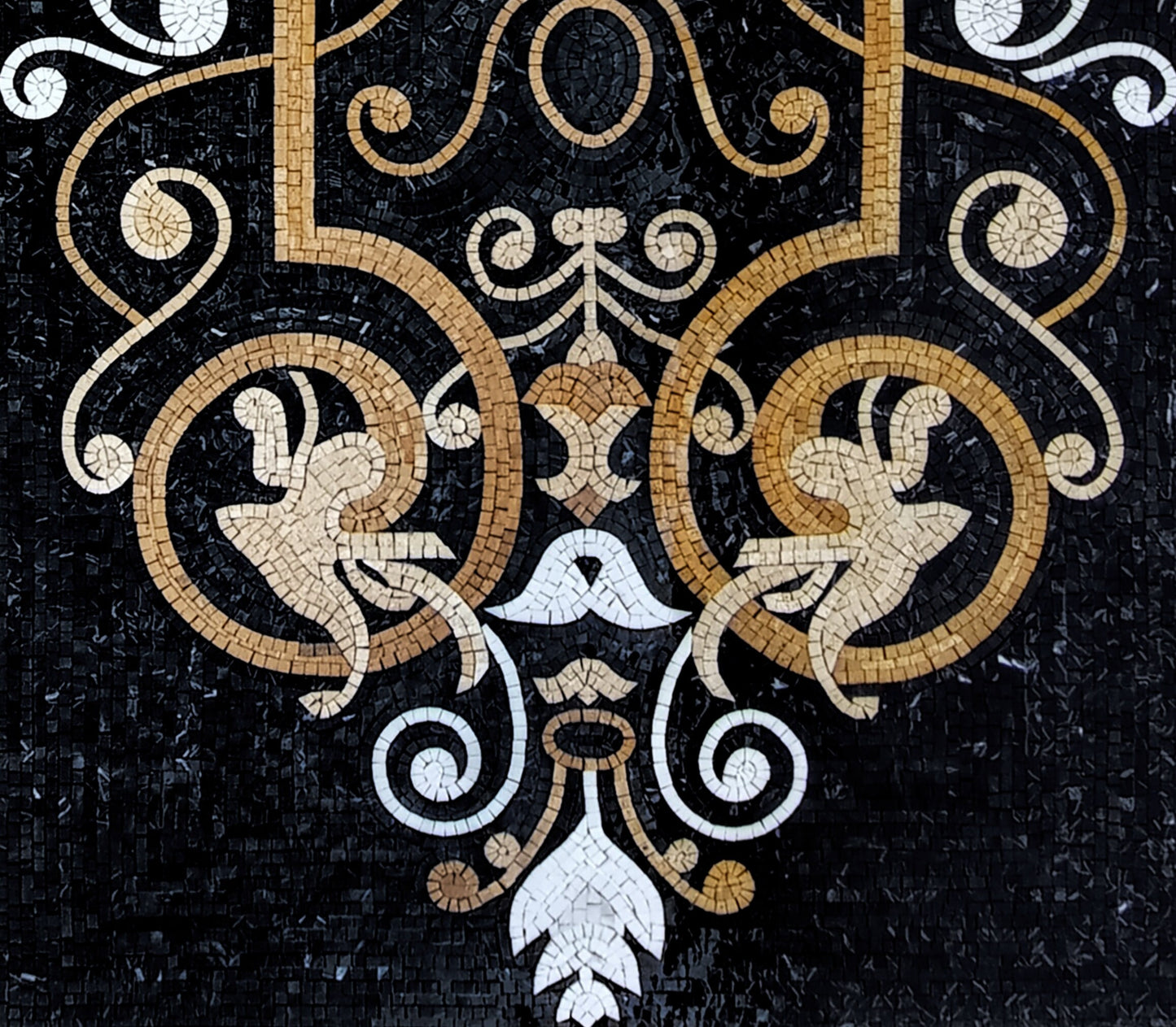 Handmade Black Marble Mosaic Rug: Floral Art Decor (80” x 36")