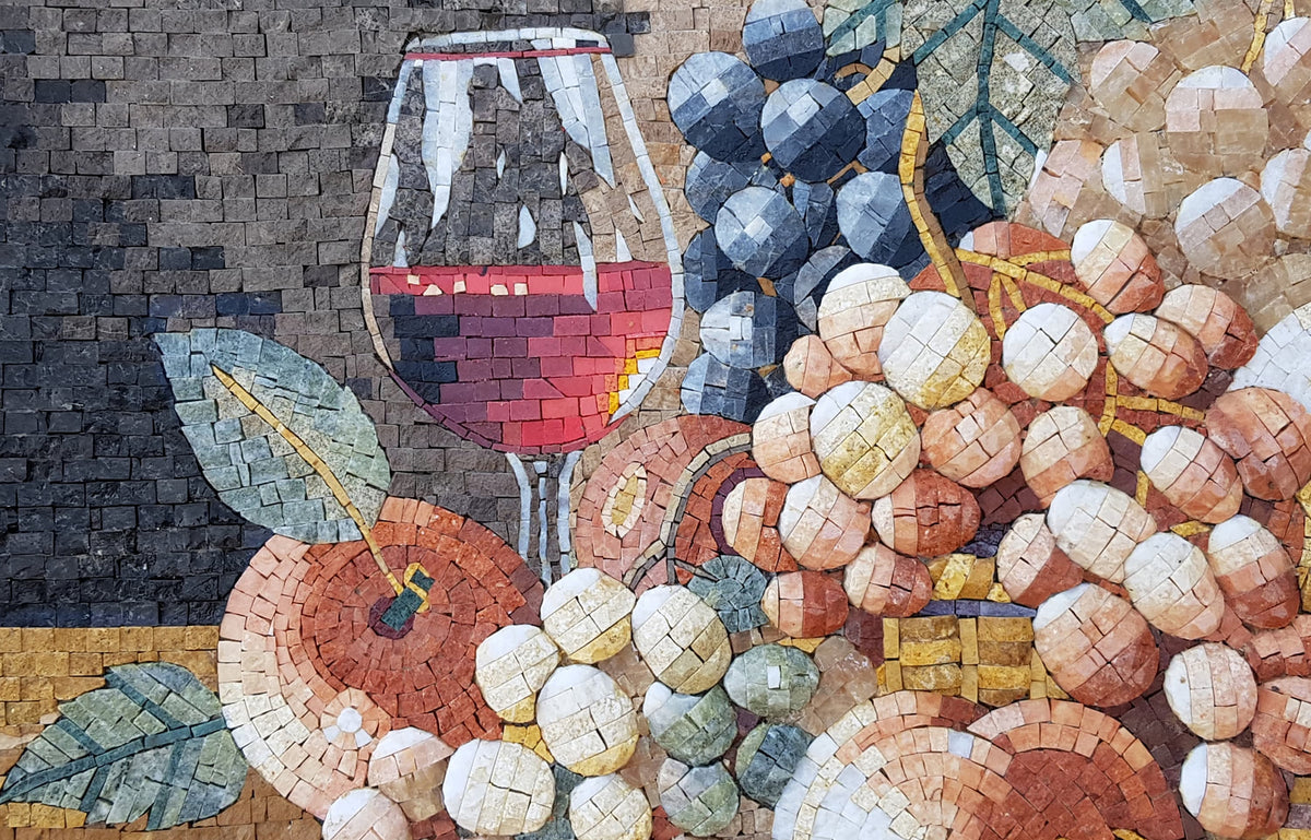 Handmade Fruit and Wine Mosaic: Kitchen Backsplash Wall Art