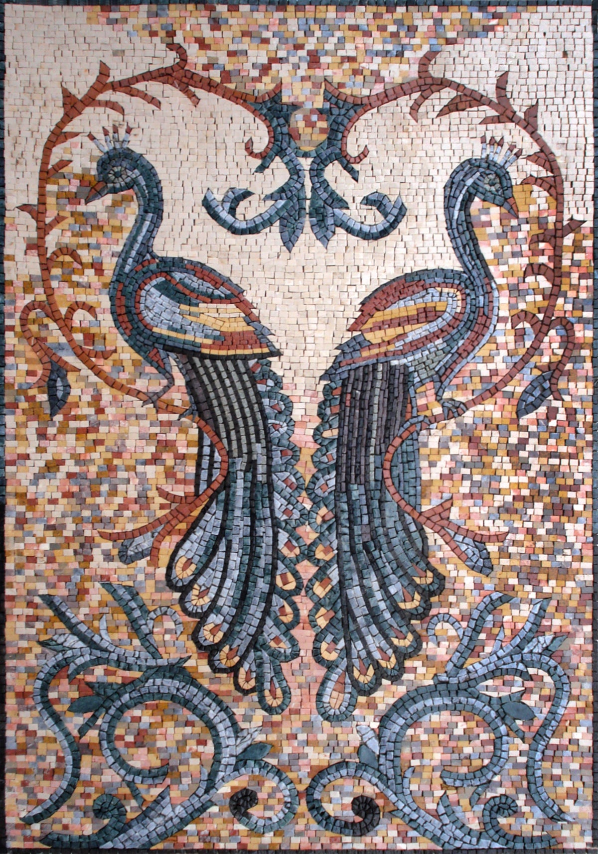 Handmade Twin Peacock Mosaic: Marble Stone Wall Art (46” x 32")