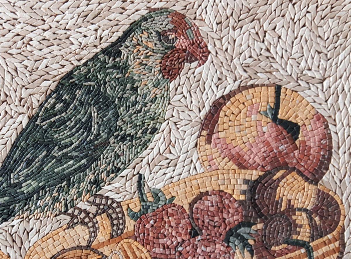 Handmade Parrot and Fruit Basket Mosaic Tile Art: Kitchen Backsplash
