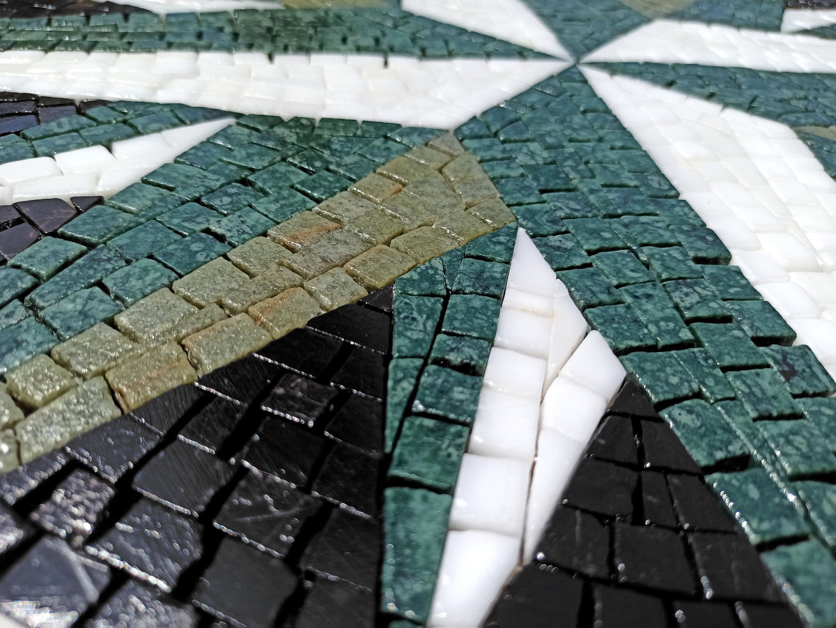 Handmade Marble Mosaic Medallion: Nautical Compass Rose, Green & White (32" Diameter)