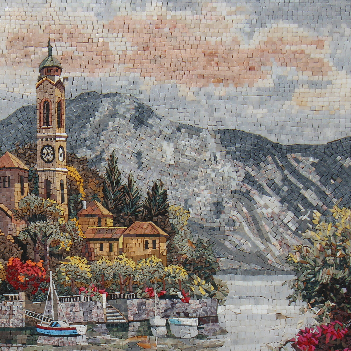 Seascape Mosaic Mural: Handmade Marble Sailboat, Coastal Village Art (40x40")