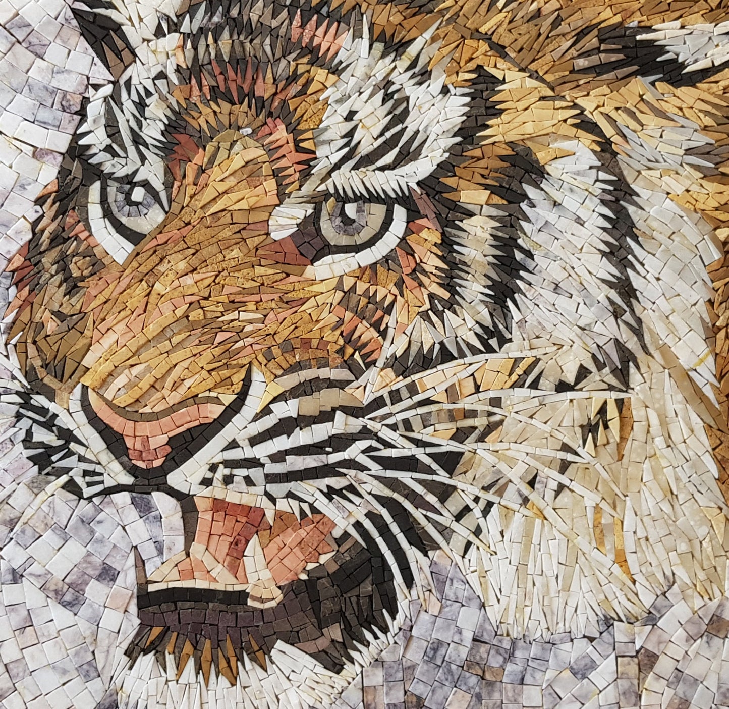 Tiger Mosaic Tile Art: Roaring Wild Animal, Natural Stone