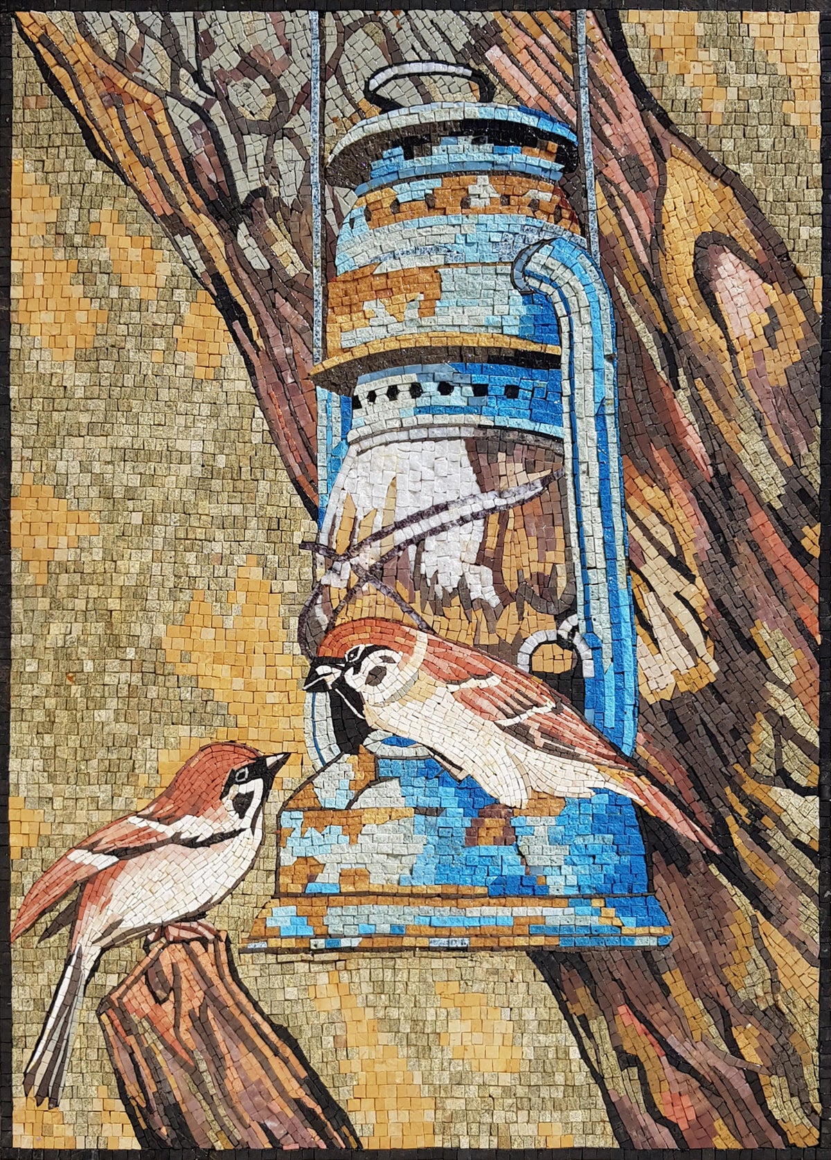 Handmade Nightingale Mosaic Tile Art: Bird on Branch, Marble & Stone (28” x 20”)