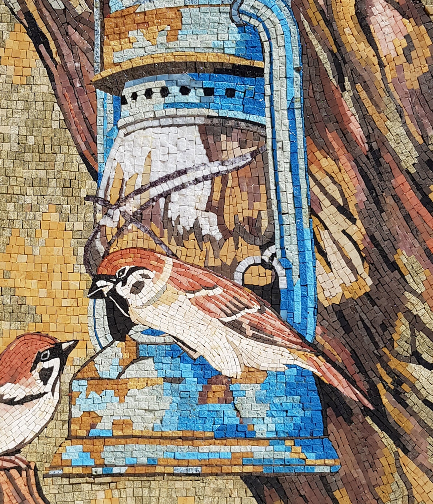 Handmade Nightingale Mosaic Tile Art: Bird on Branch, Marble & Stone (28” x 20”)