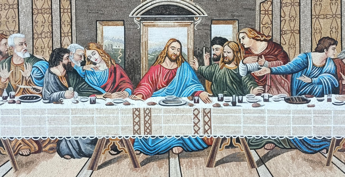 80"x40" Ancient People Having Dinner Mosaic Wall Art -  Historical Dining Scene, Classical Home Decor, Customization available