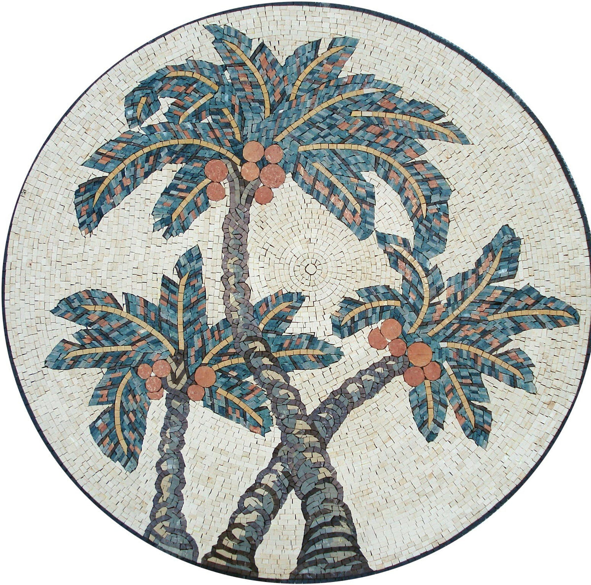 Handmade Marble Mosaic Medallion: Coconuts Tree Art Tile (40-Inch)