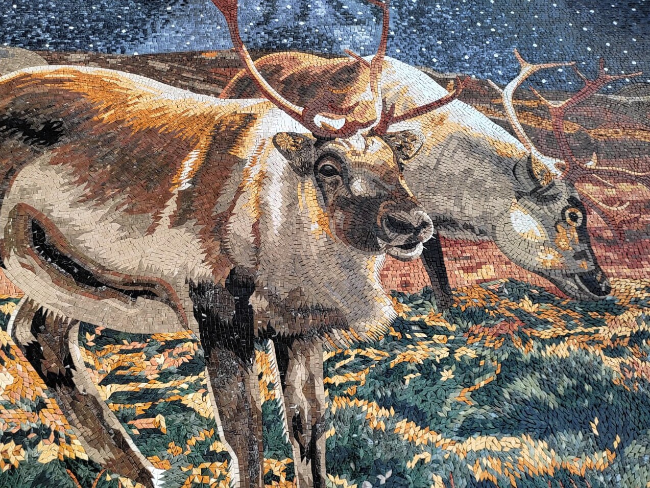 Reindeer Mosaic Tile Art: Handmade Marble Starry Night Wall Decor