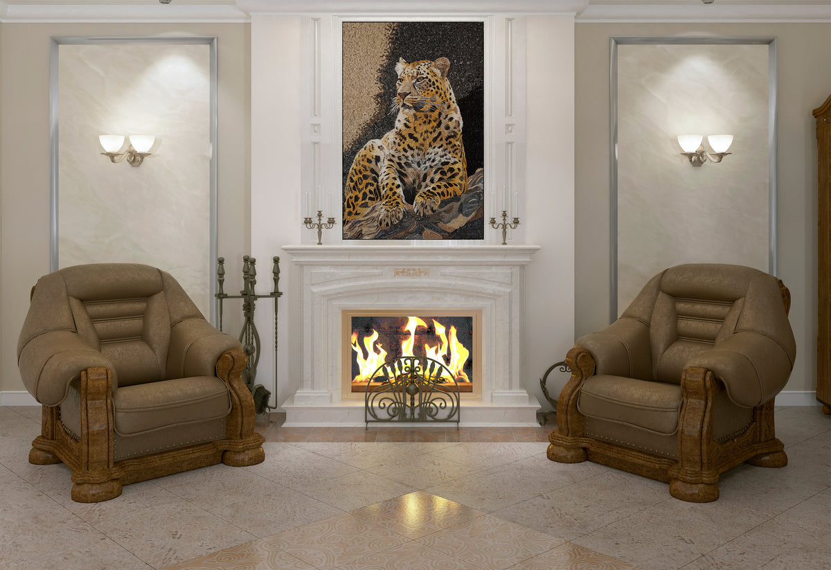 Handmade Leopard Mosaic Tile Art: Indoor/Outdoor Wall Decor (48” x 32")