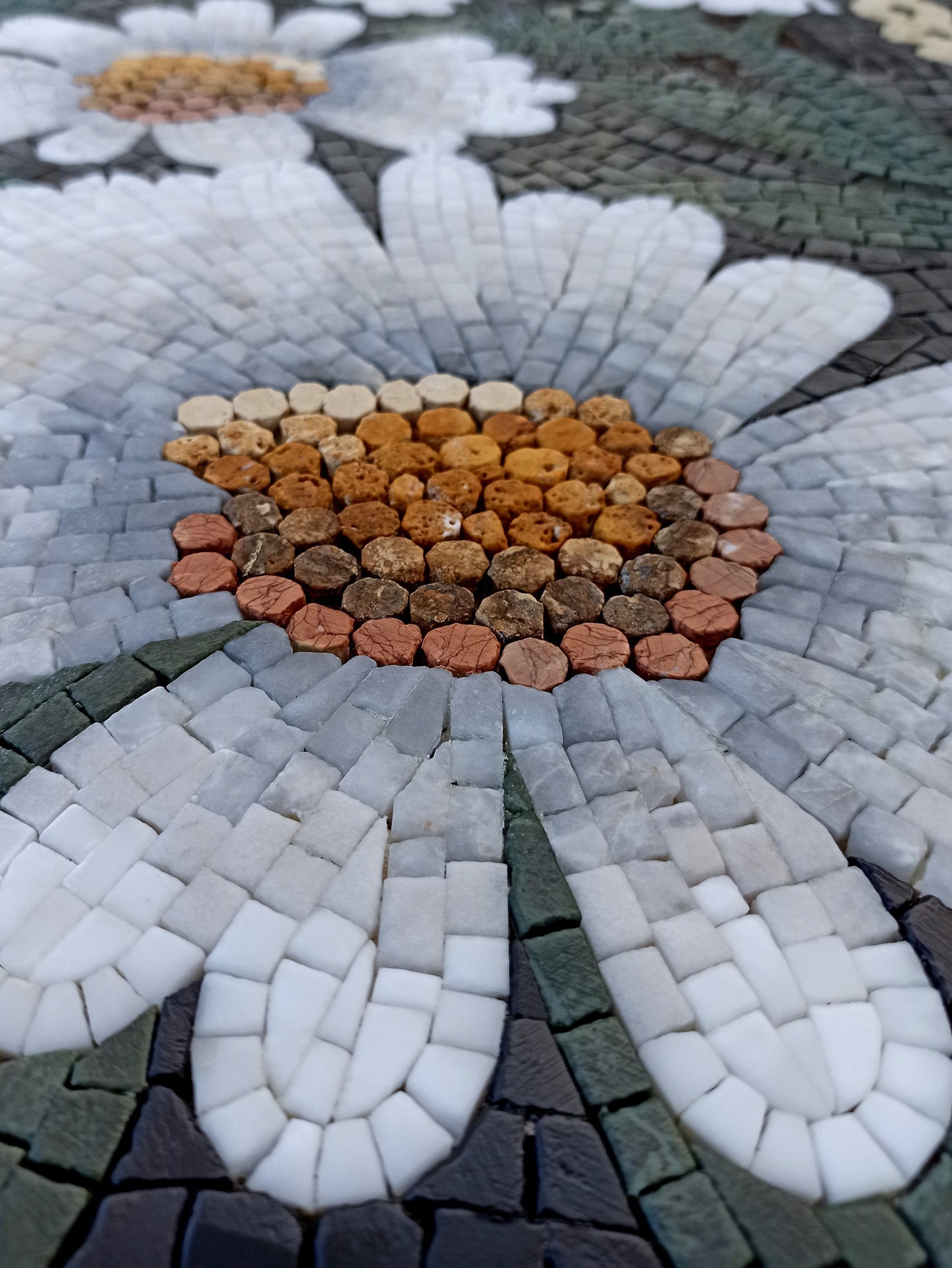 Handmade Marble Mosaic: White Daisy Floral Wall Art (40"x20")