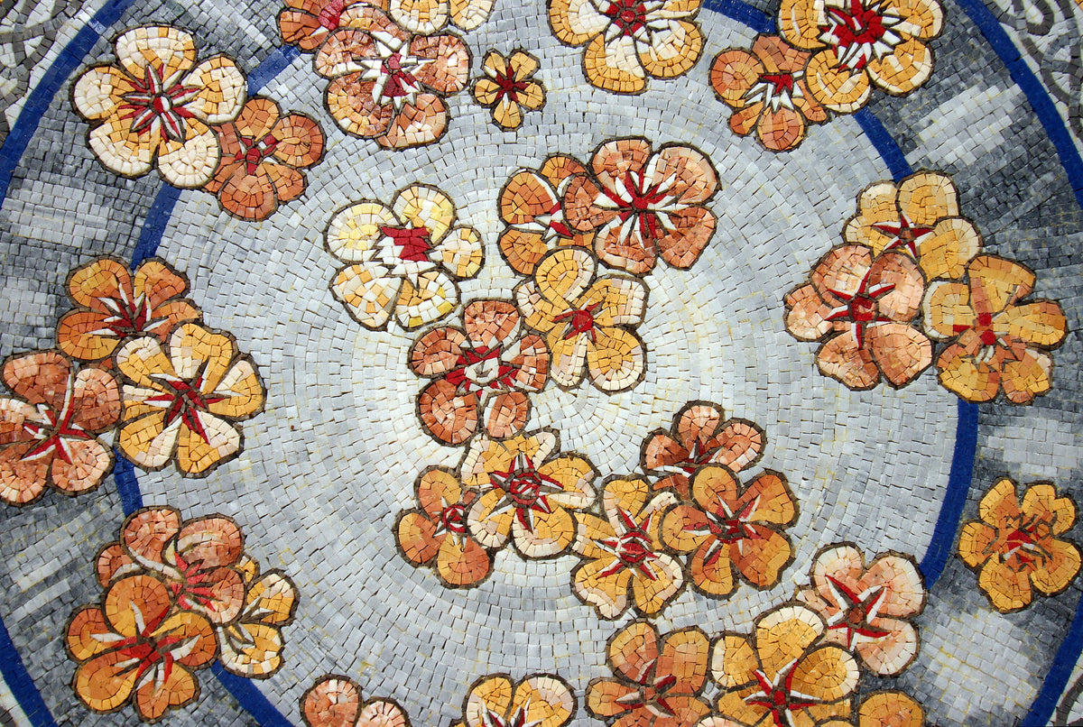 Handmade Artisanal Blooms Round Orange & Gold Petunia Flowers Mosaic Medallion Art Tile - Customization available