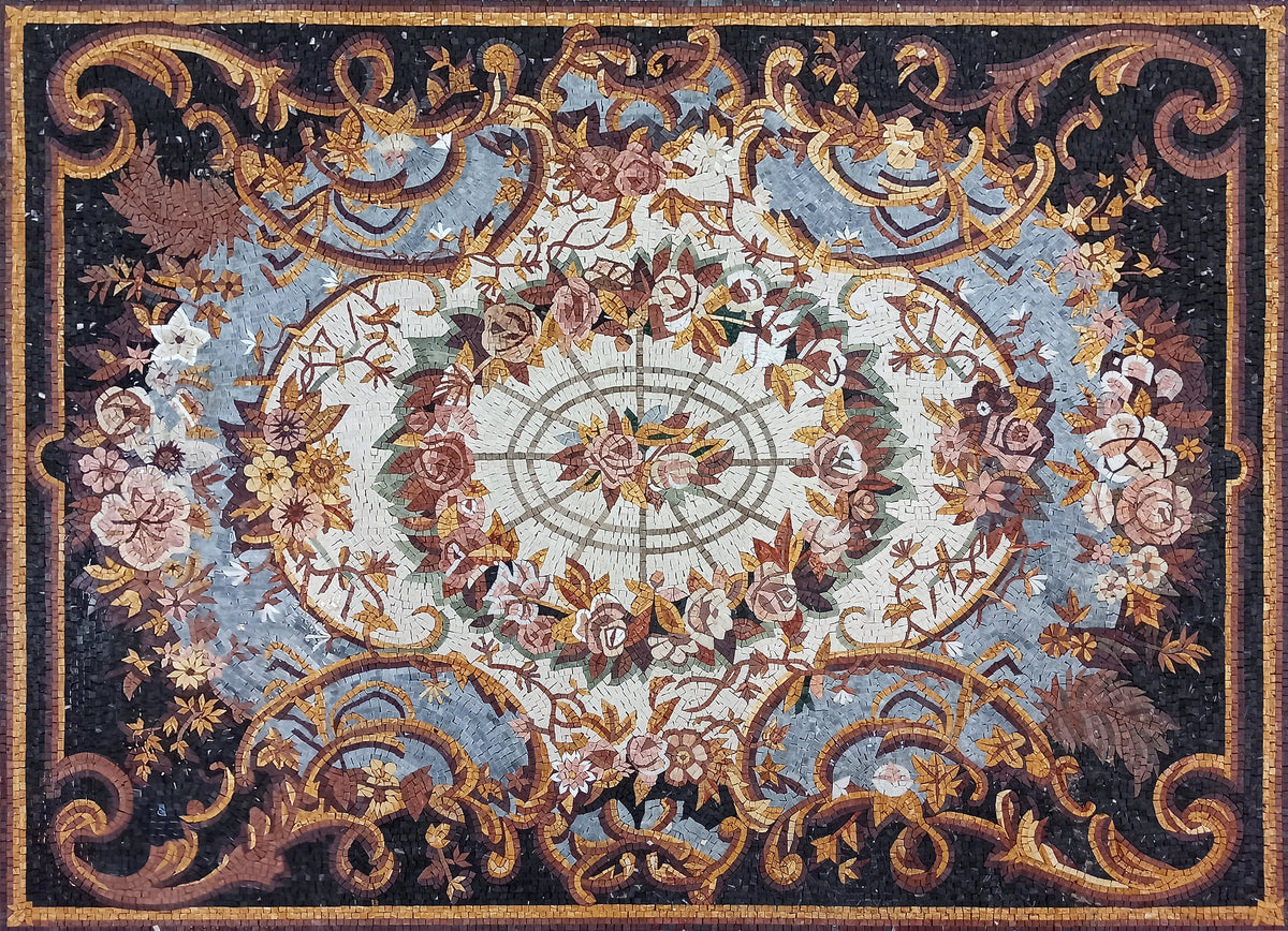 Handmade Marble Mosaic Rug: Floral Medallion Design (88” x 60")
