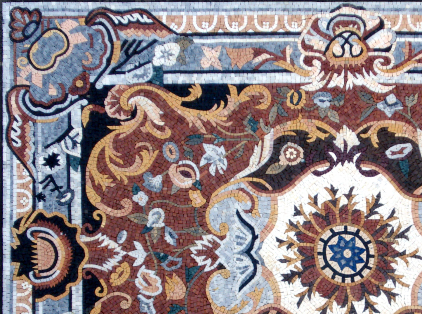 Handmade Marble Stone Mosaic Rug: Floral Medallion Design
