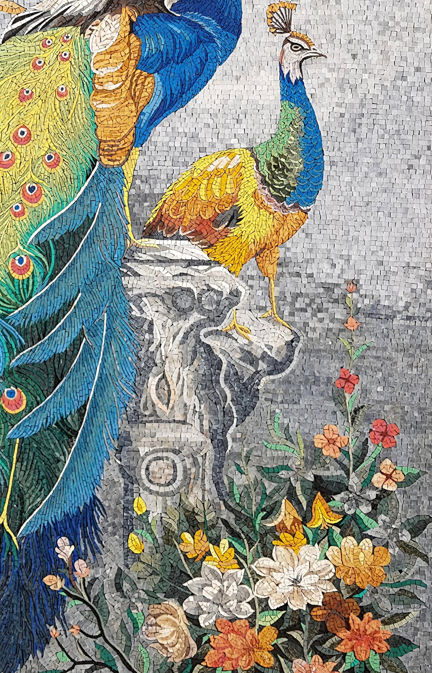 62” x 38” Handmade Peacock Mosaic Tile Art – Botanical Wall Décor - Customization Available
