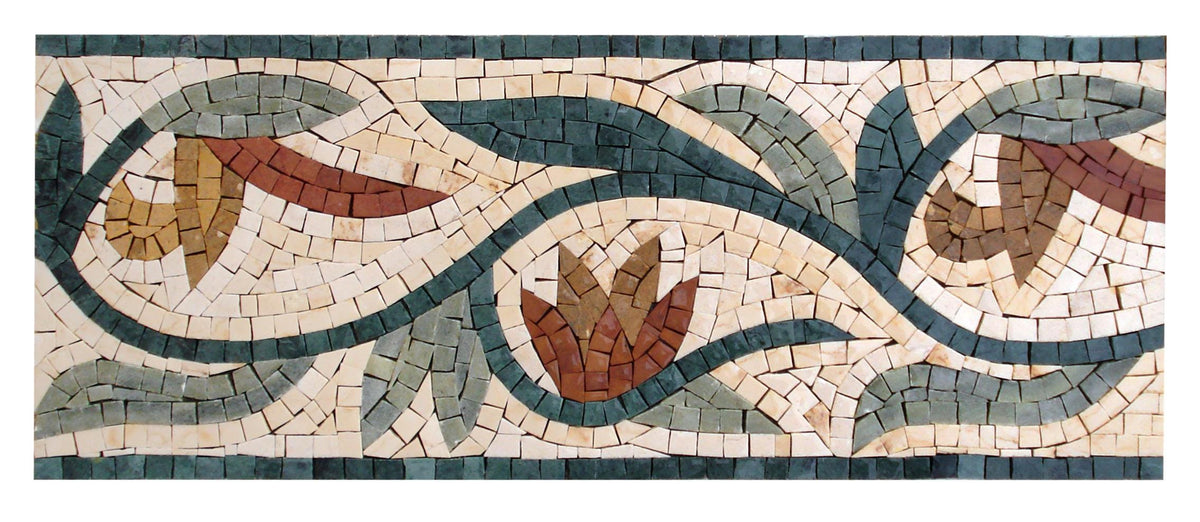 Handmade Marble Tile Border: Tropical Red Flower Vine, Botanical Backsplash Accent - 8" x 40"