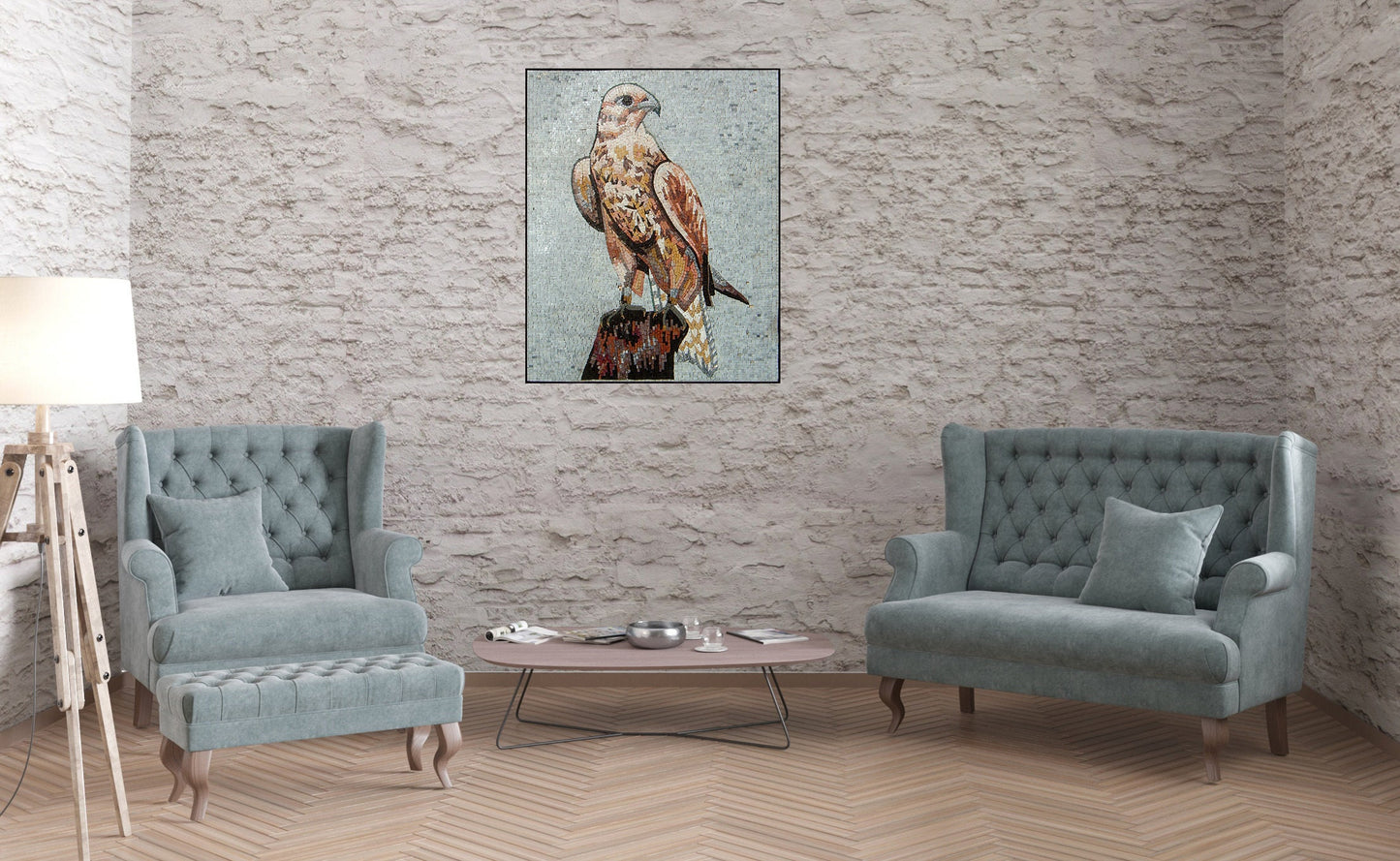 Handmade Falcon Mosaic Tile Art: Marble Bird Wall Decor (36x28 in)