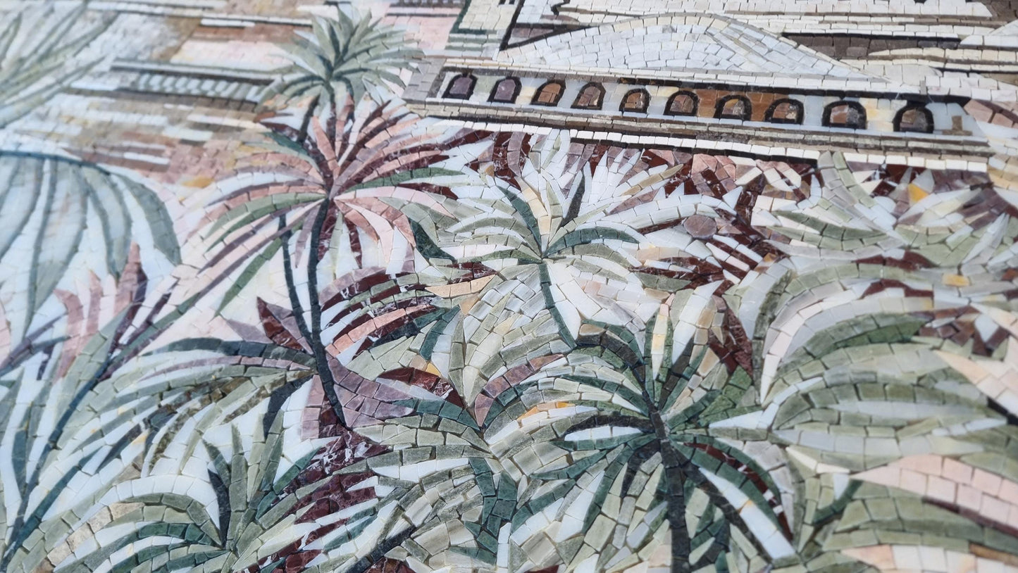 68x48 Mosque with Palm Trees Mosaic Wall Art – Islamic Architecture Scene, Customization available