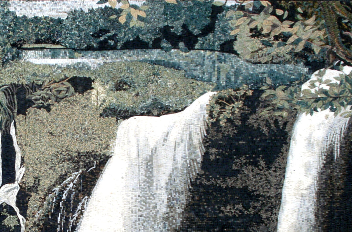 Handmade Marble Mosaic Tile: Waterfall & Bridge Art