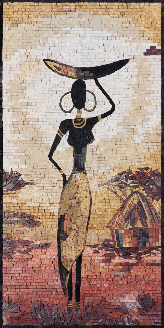 Handmade Farmer Woman Marble Mosaic Tile Art (32” x 16")
